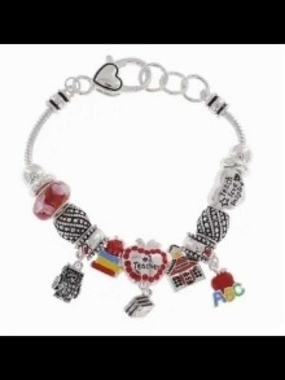 Red Heart Teacher Charm Bracelet - Women's Silver Tone Bracelet